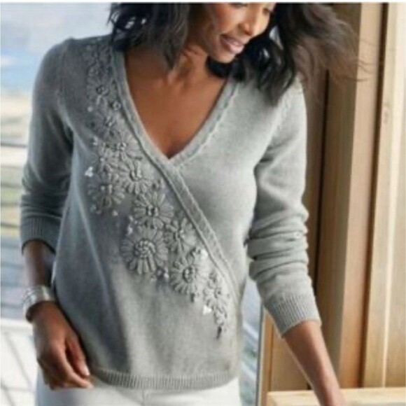 Soft Surroundings Women 2X Faux Wrap Embellished Sweater Floral Embroidered Gray - Picture 3 of 3